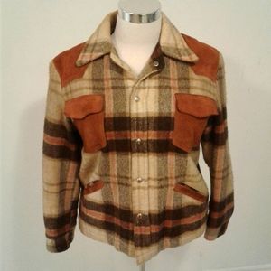 Laurentien Men Jacket Wool Tweed Tartan Leather Harrington Bomber Canada 46 L/XL